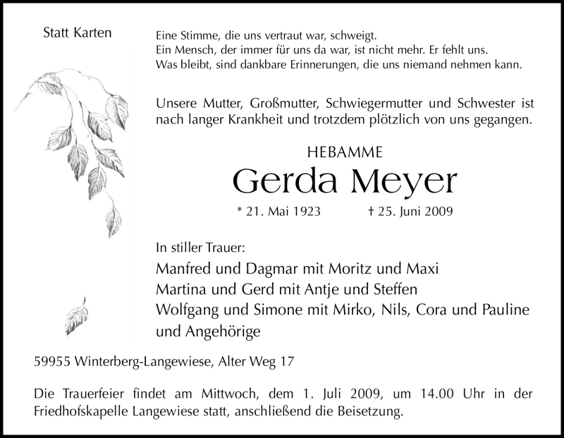  Traueranzeige für Gerda Meyer vom 27.06.2009 aus Tageszeitung