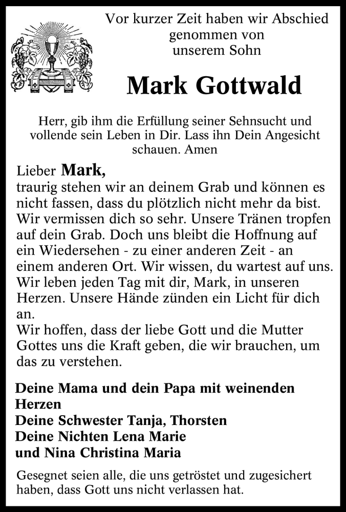  Traueranzeige für Mark Gottwald vom 10.06.2009 aus Tageszeitung