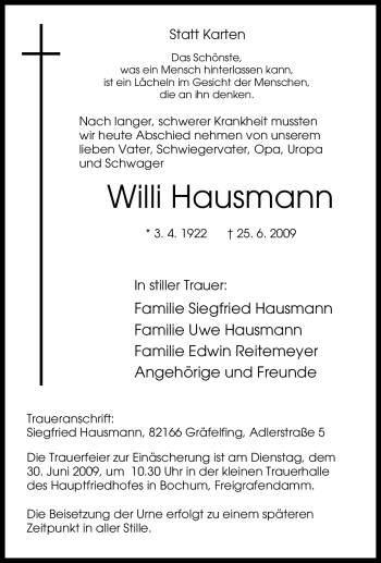 Traueranzeige von Willi Hausmann von Tageszeitung