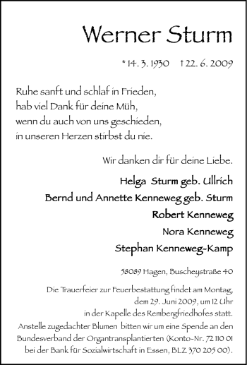 Traueranzeige von Werner Sturm von Tageszeitung