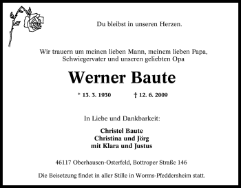 Traueranzeige von Werner Baute von Tageszeitung