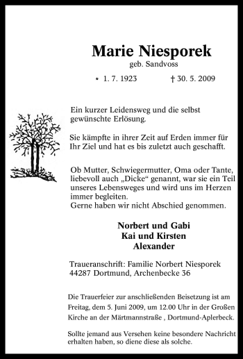 Traueranzeige von Marie Niesporek von Tageszeitung