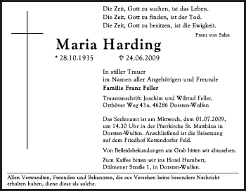 Traueranzeige von Maria Harding von Tageszeitung