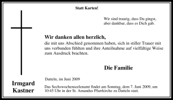 Traueranzeige von Irmgard Kastner von Tageszeitung