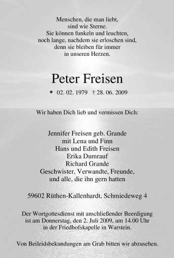 Traueranzeige von Peter Freisen von Tageszeitung