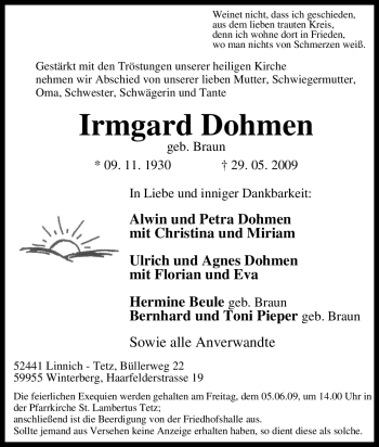 Traueranzeige von Irmgard Dohmen von Tageszeitung