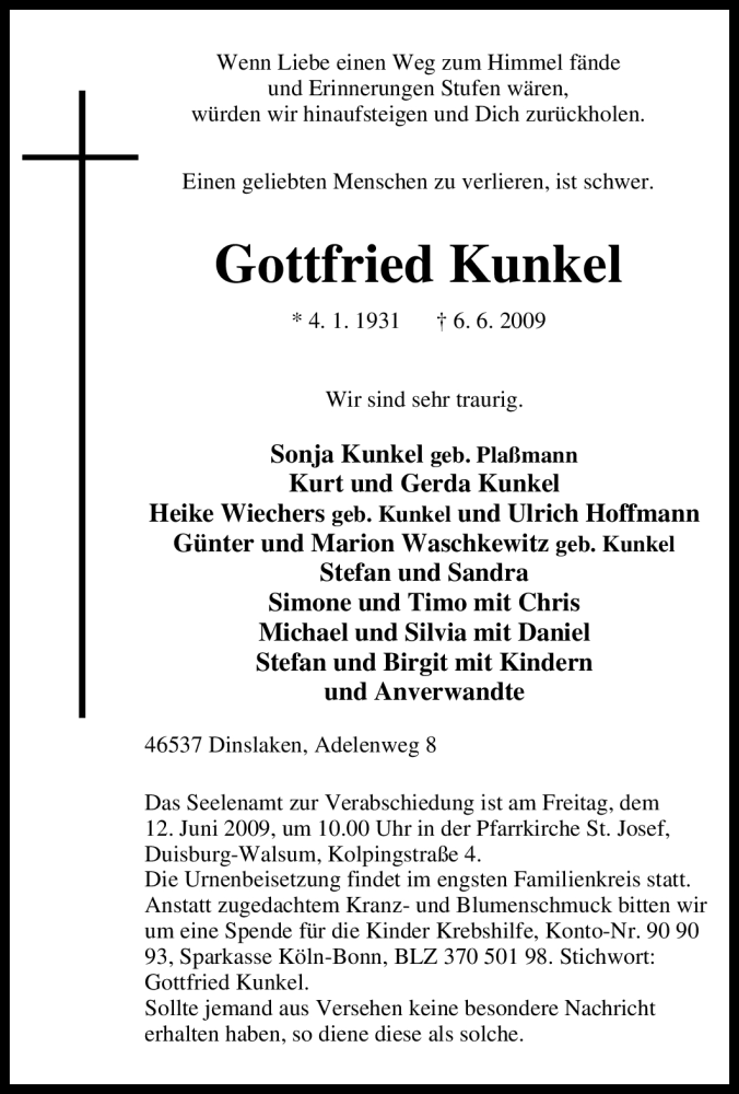  Traueranzeige für Gottfried Kunkel vom 09.06.2009 aus Tageszeitung