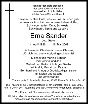 Traueranzeige von Erna Sander von Tageszeitung