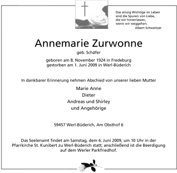 Traueranzeige von Annemarie Zurwonne von Tageszeitung