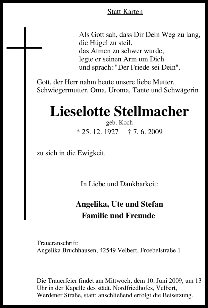  Traueranzeige für Lieselotte Stellmacher vom 09.06.2009 aus Tageszeitung