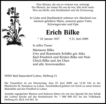 Traueranzeige von Erich Bilke von Tageszeitung