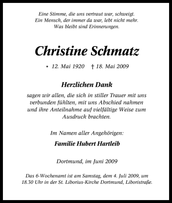 Traueranzeige von Christine Schmatz von Tageszeitung