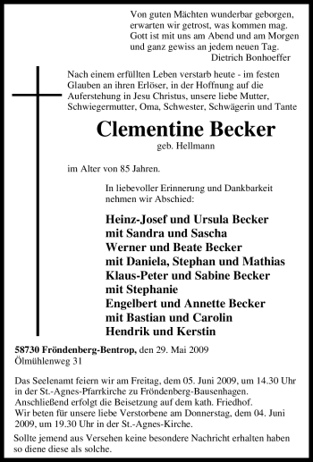 Traueranzeige von Clementine Becker von Tageszeitung