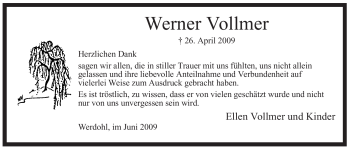 Traueranzeige von Werner Vollmer von Tageszeitung