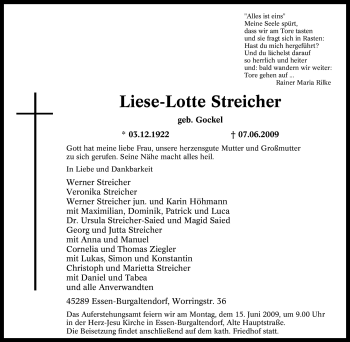 Traueranzeige von Liese-Lotte Streicher von Tageszeitung