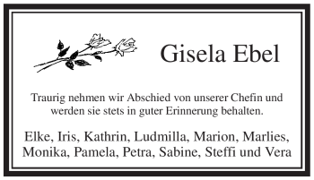 Traueranzeige von Gisela Ebel von Tageszeitung