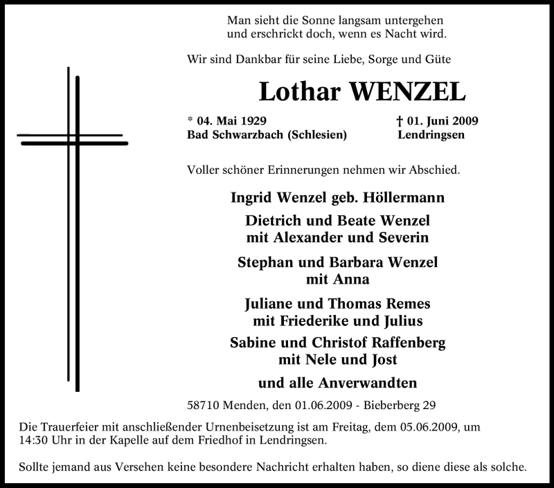  Traueranzeige für Lothar Wenzel vom 02.06.2009 aus Tageszeitung