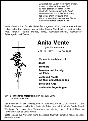 Traueranzeige von Anita Vente von Tageszeitung