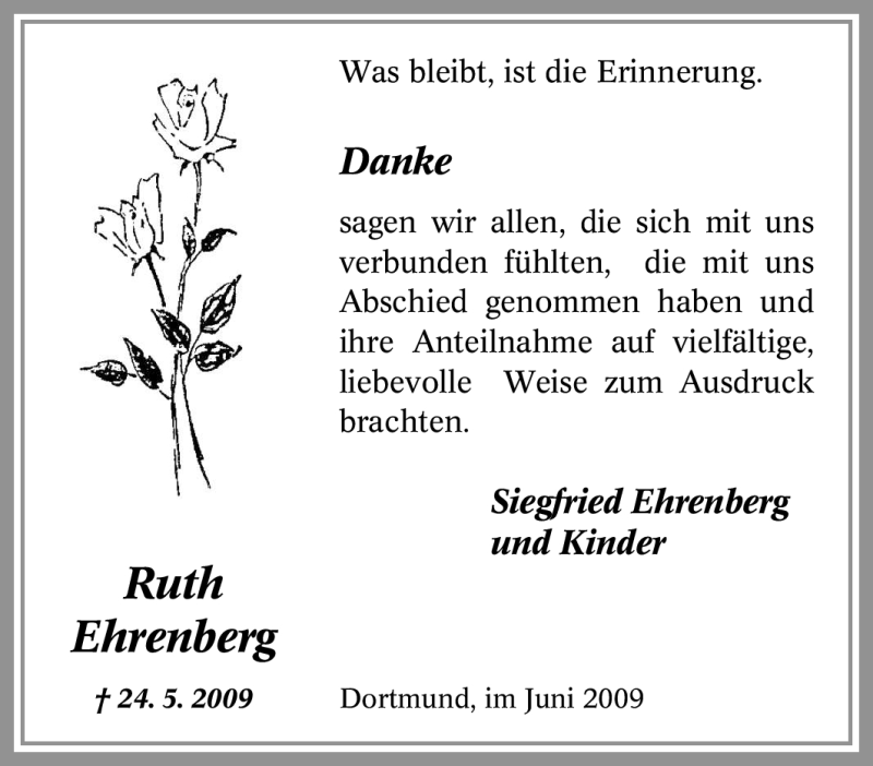  Traueranzeige für Ruth Ehrenberg vom 27.06.2009 aus Tageszeitung