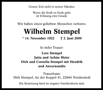Traueranzeige von Wilhelm Stempel von Tageszeitung