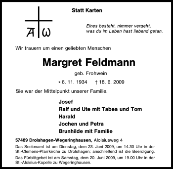 Traueranzeige von Margret Feldmann von Tageszeitung