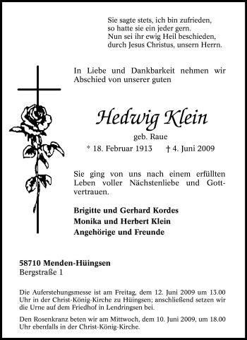 Traueranzeige von Hedwig Klein von Tageszeitung