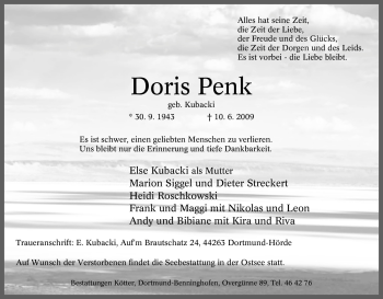 Traueranzeige von Doris Penk von Tageszeitung