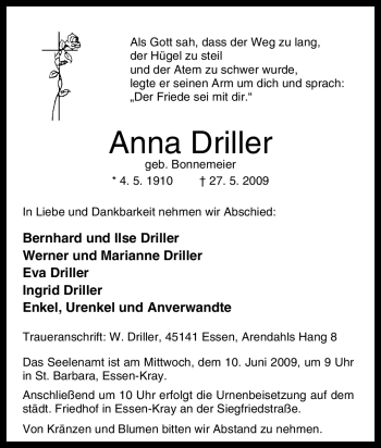 Traueranzeige von Anna Driller von Tageszeitung