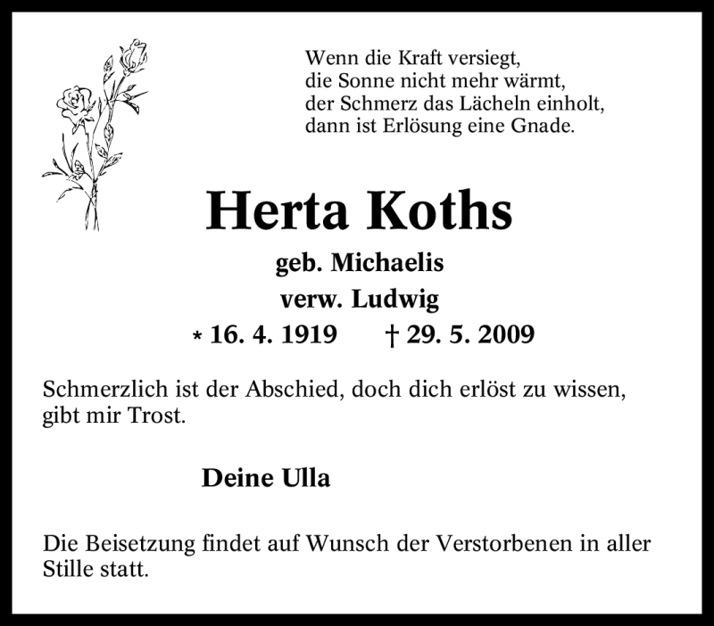  Traueranzeige für Herta Koths vom 06.06.2009 aus Tageszeitung