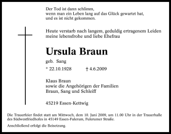 Traueranzeige von Ursula Braun von Tageszeitung