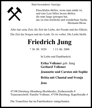 Traueranzeige von Friedrich Jung von Tageszeitung