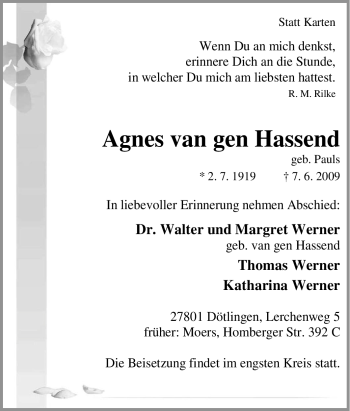 Traueranzeige von Agnes van gen Hassend von Tageszeitung