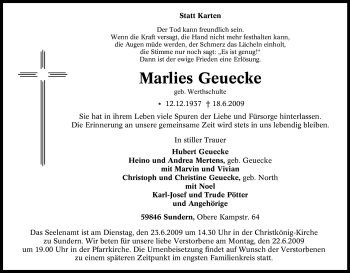Traueranzeige von Marlies Geuecke von Tageszeitung