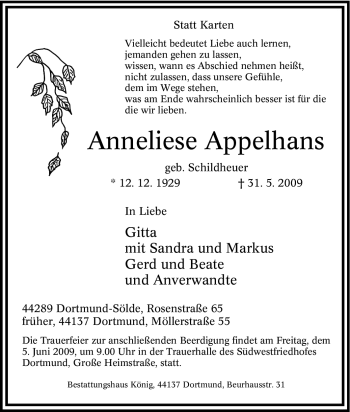 Traueranzeige von Anneliese Appelhans von Tageszeitung