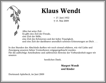 Traueranzeige von Klaus Wendt von Tageszeitung