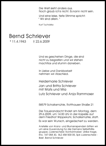Traueranzeige von Bernd Schriever von Tageszeitung