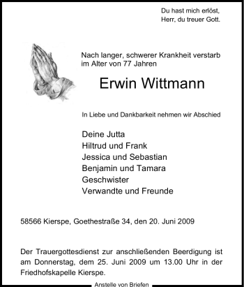 Traueranzeige von Erwin Wittmann von Tageszeitung