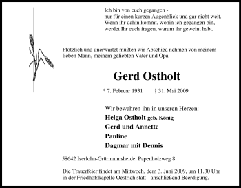 Traueranzeige von Gerd Ostholt von Tageszeitung