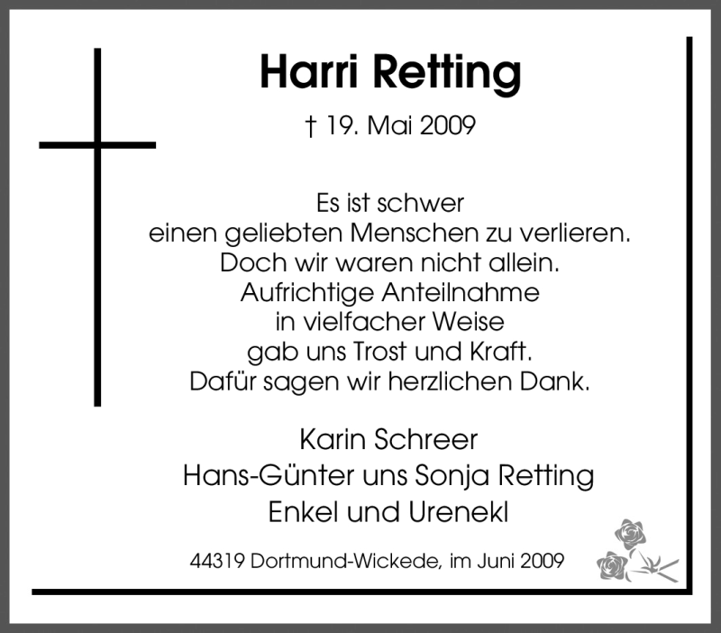  Traueranzeige für Harri Retting vom 23.06.2009 aus Tageszeitung