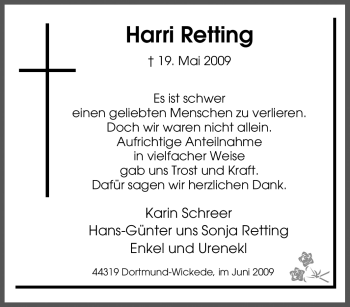 Traueranzeige von Harri Retting von Tageszeitung