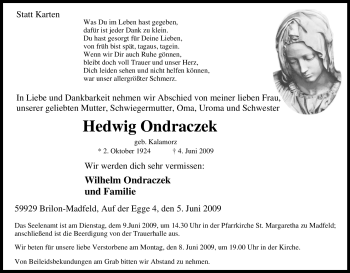 Traueranzeige von Hedwig Ondraczek von Tageszeitung