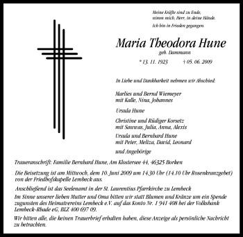 Traueranzeige von Maria Theodora Hune von Tageszeitung
