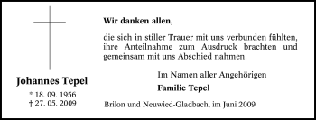 Traueranzeige von Johannes Tepel von Tageszeitung