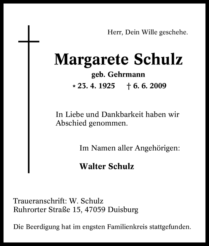  Traueranzeige für Margarete Schulz vom 13.06.2009 aus Tageszeitung