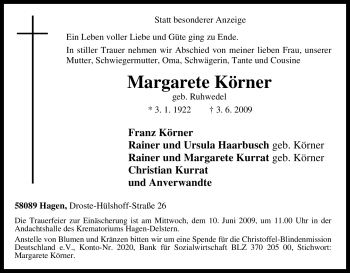 Traueranzeige von Margarete Körner von Tageszeitung