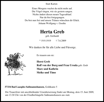 Traueranzeige von Herta Greb von Tageszeitung