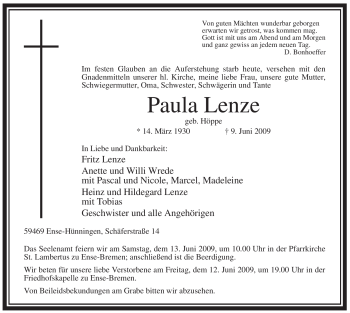 Traueranzeige von Paula Lenze von Tageszeitung