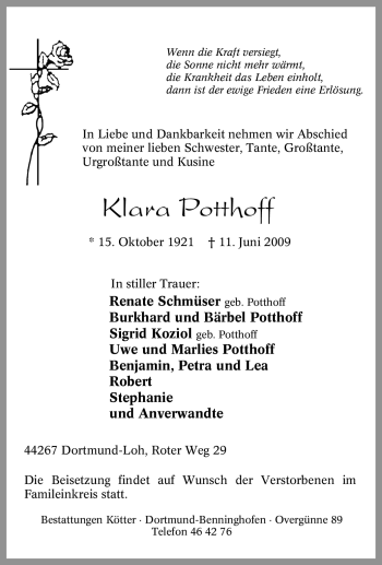 Traueranzeige von Klara Potthoff von Tageszeitung