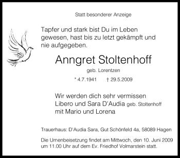 Traueranzeige von Anngret Stoltenhoff von Tageszeitung