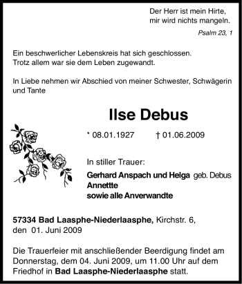 Traueranzeige von Ilse Debus von Tageszeitung